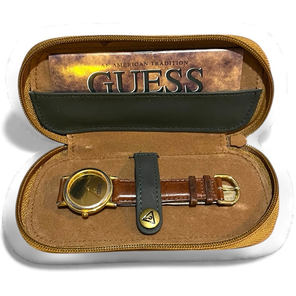 Vintage 1991 Guess women’s Gold and brown Leather Watch with case